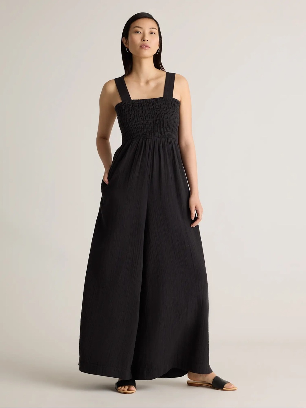 Quince NWT Black 100% Organic Cotton Gauze Smocked Wide Leg Jumpsuit